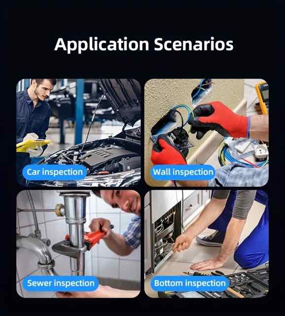 Application scenarios for a dual-lens inspection camera showing car inspection, wall inspection, sewer inspection, and bottom appliance inspection.